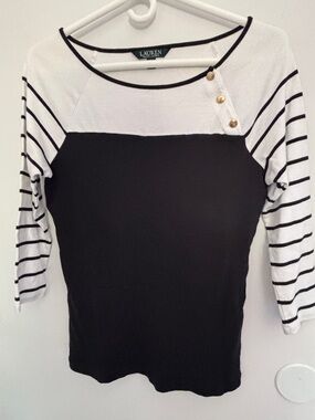 LAUREN Ralph Lauren Black & White Striped Sleeve Boatneck Top with Gold Buttons